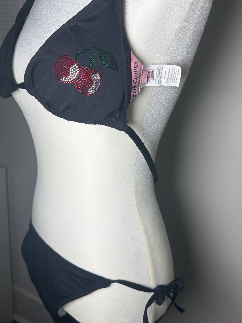 Juicy Couture Black Bikini Top with Red Rhinestone Cherry